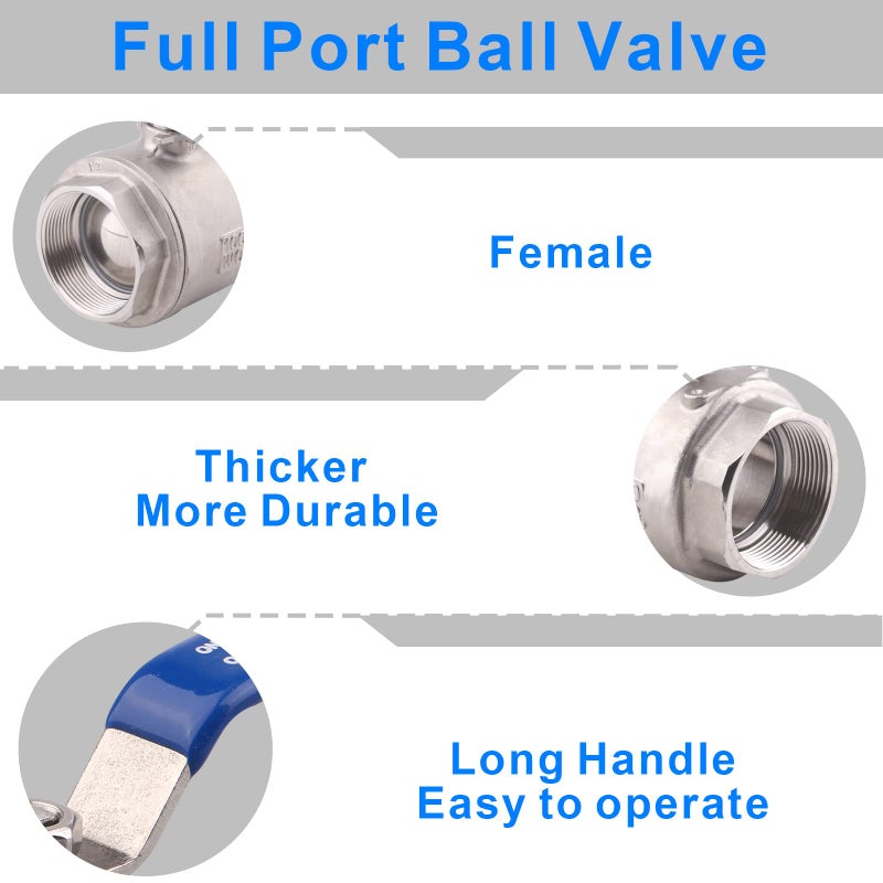 DERNORD Full Port Ball Valve Stainless Steel 304 Heavy Duty for Water, Oil, and Gas with Blue Locking Handles (2" NPT) - Image 2